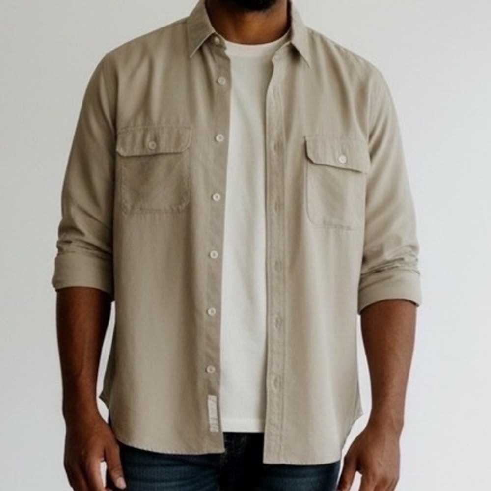 Metropolitan View Mens XL 100% Silk Button Down Shirt Taupe Gray Long Sleeve 90s